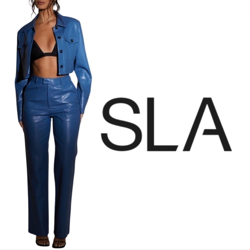 SLA the Label Blue Paige Faux Leather Cropped Jacket and Trouser Set - Size M